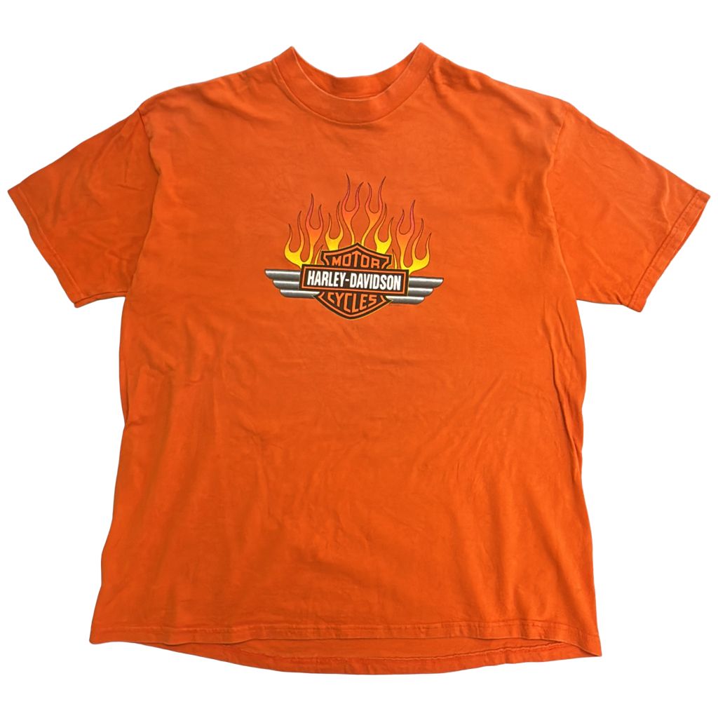 90年代 USA製 HARLEY DAVIDSON ハーレーダビッドソン フレイムロゴＴシャツ 大きいサイズ モーターサイクル(メンズ XXL)中古 古着 Y4370