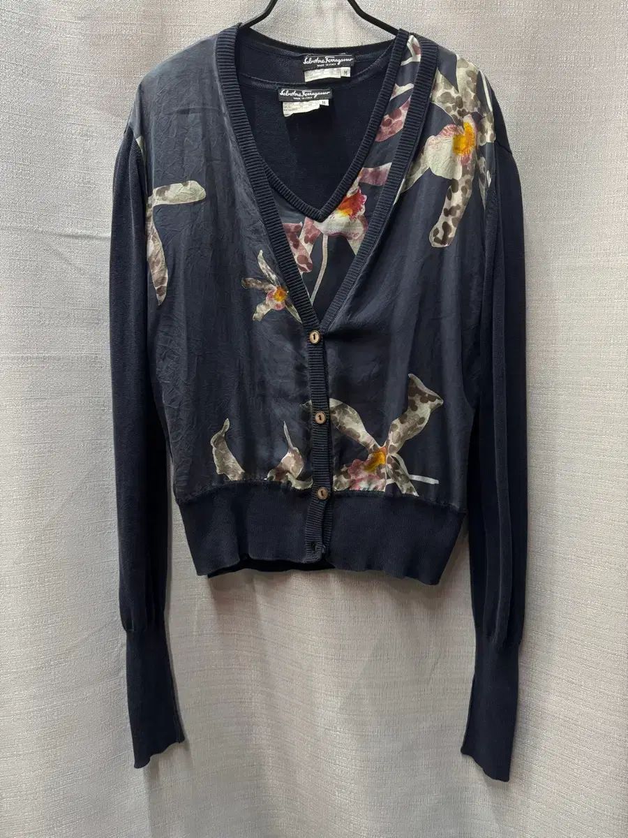 FERRAGAMO フェラガモ オーキッド シルクパネル コットン ニット ツインセット 55-66