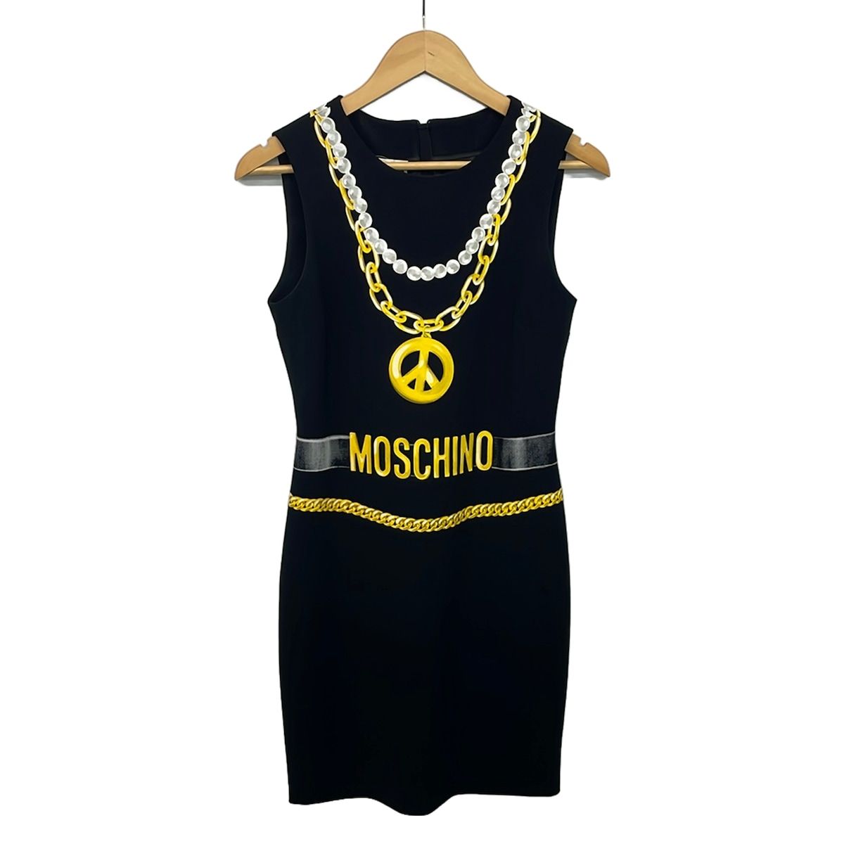 MOSCHINO(モスキーノ) ワンピース サイズI 40 レディース - 黒×ダークブラウン×白 ノースリーブ/ひざ丈/COUTURE!/パール/チェーン 6,716円