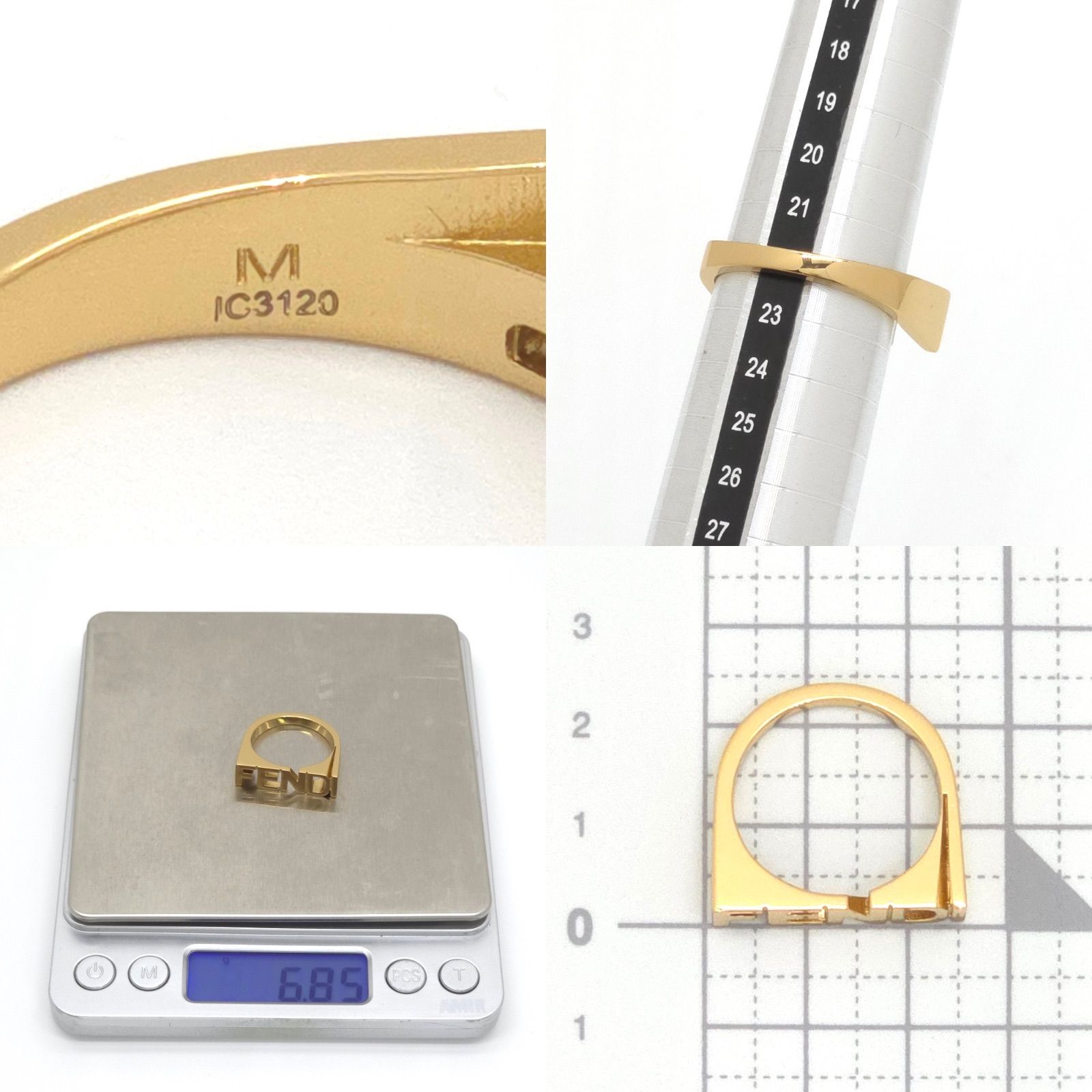 FENDI フェンディ レタリング ロゴ リング M 約22号 ゴールドトーン 