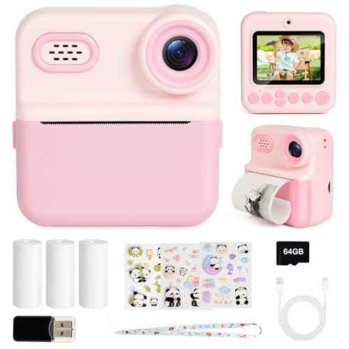 DEWEL キッズカメラ インスタントプリント 子供用カメラ 子供用デジタルカメラ トイカメラ 4800万画素 1080P HD動画 16倍ズーム 印刷機能付き 感熱紙 ゲーム・音楽プレーヤー内蔵 64GB SDカード&USB充電付き 女の子 0a46dc93