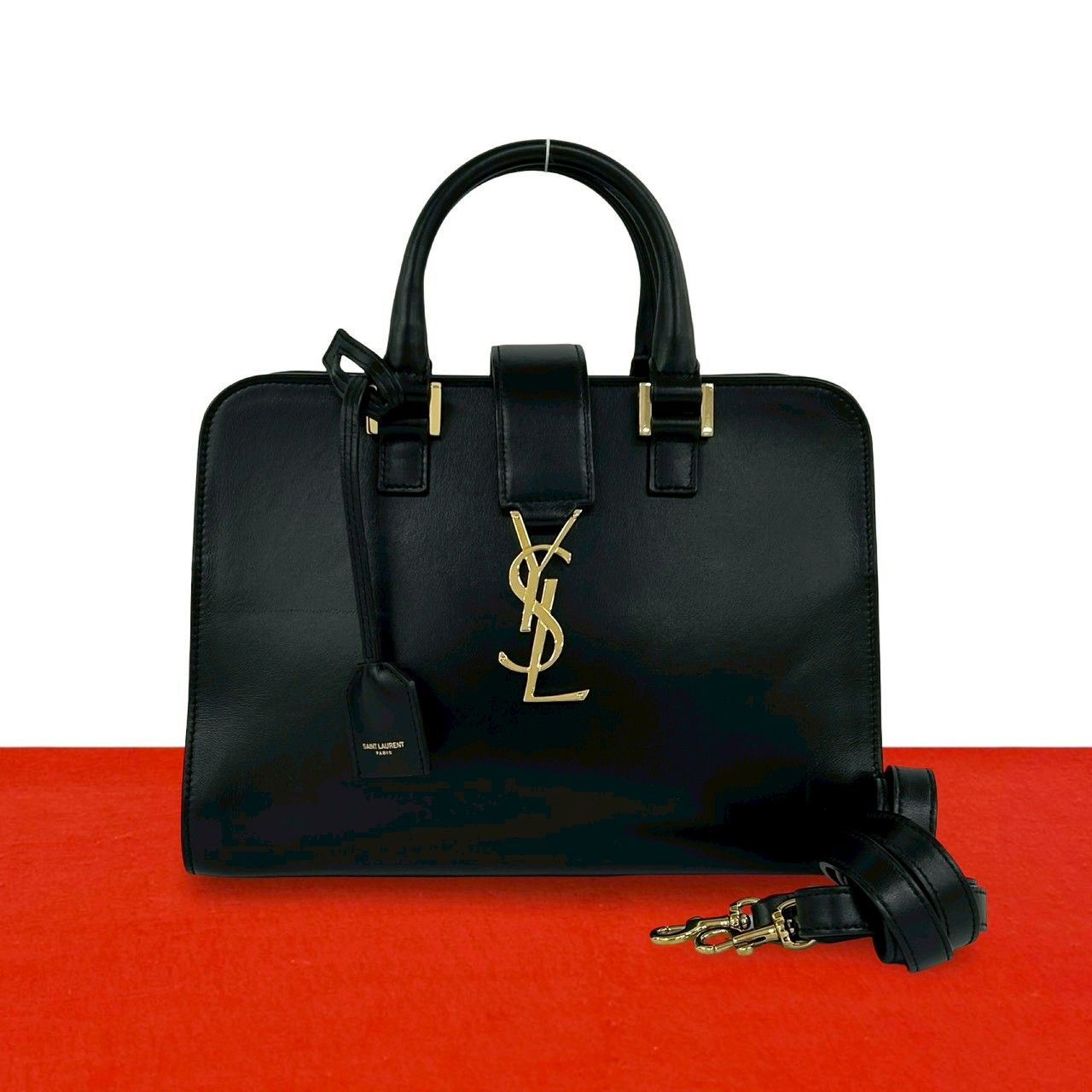 極 美品 SAINT LAURENT PARIS サンローランパリ カバス YSL ロゴ 金具 レザー 本革 2way ハンドバッグ ショルダーバッグ ブラック 948-2