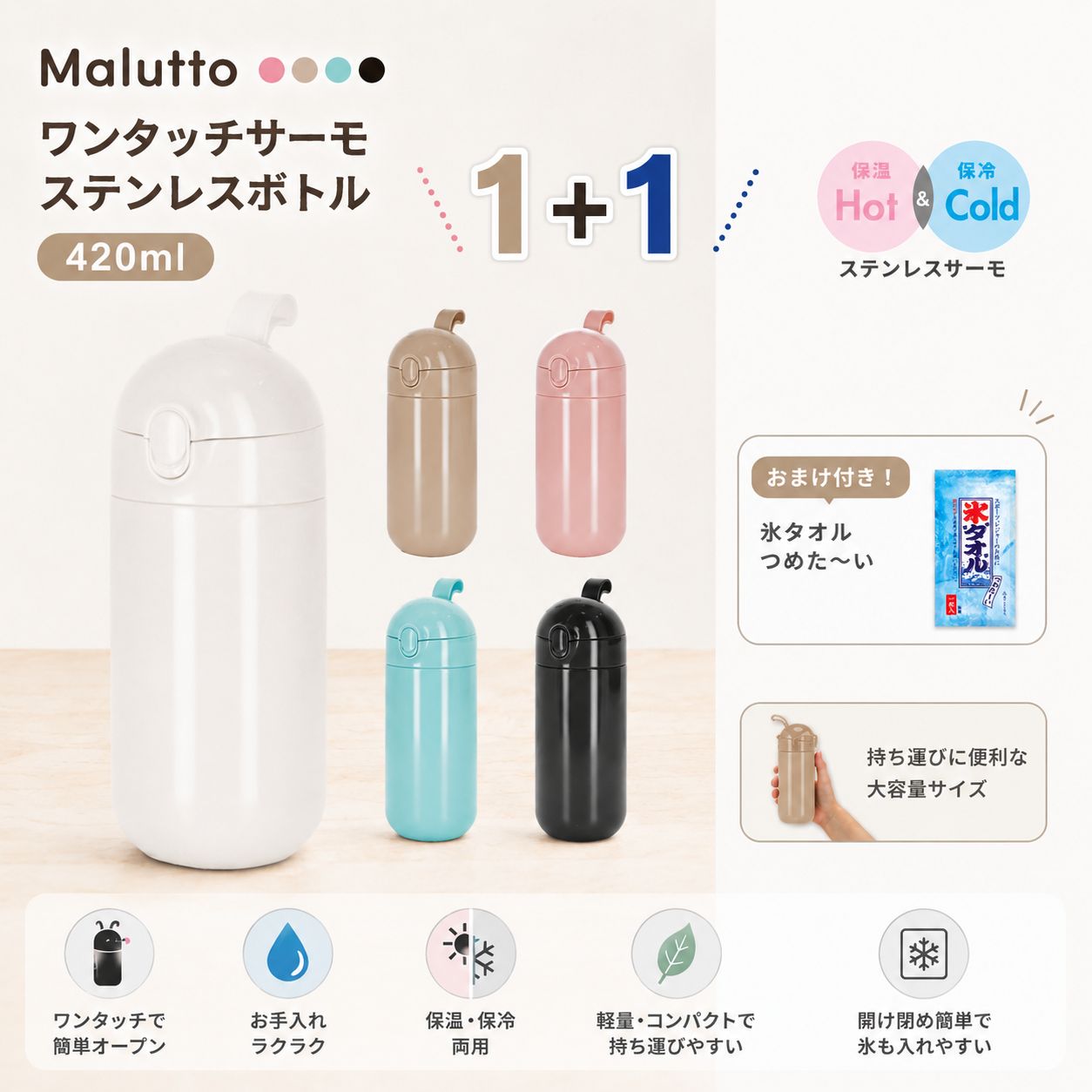 全国送料無料 [1＋1] Maluttoワンタッチサーモステンレスボトル 420ml