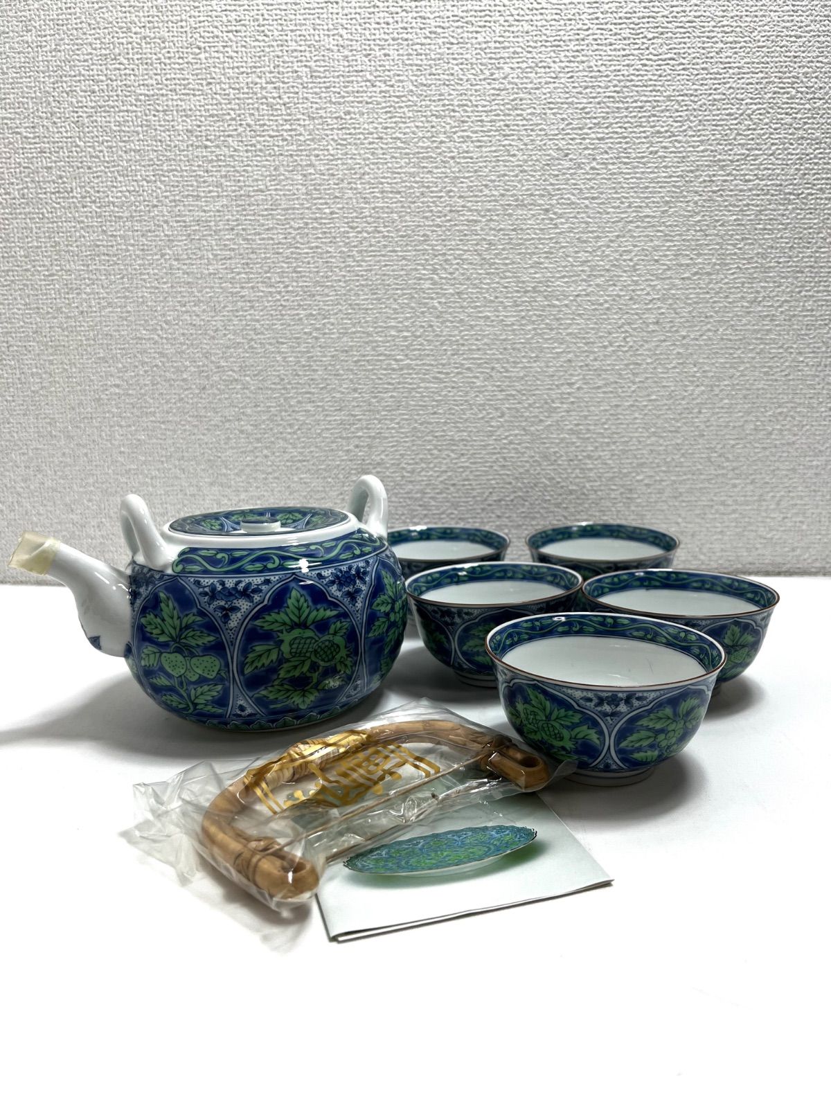 未使用・元箱付】庫山窯 色絵染付 青華緑彩 ティーセット 煎茶器