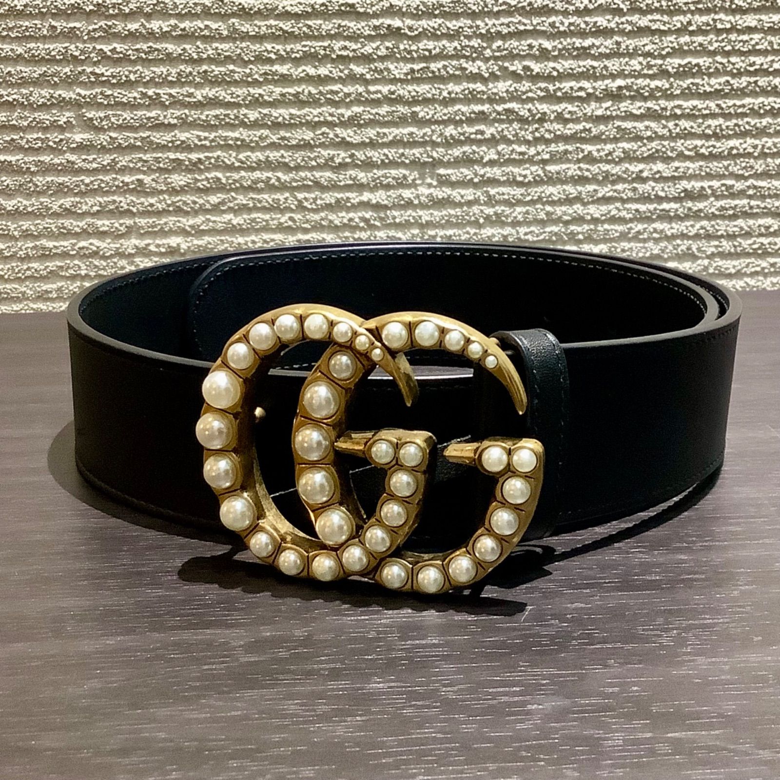 グッチ GUCCI パール付き ダブルG ワイド ベルト GGマーモント レザー 黒 ブラック [75cm] 453260 H62/T42/Y38