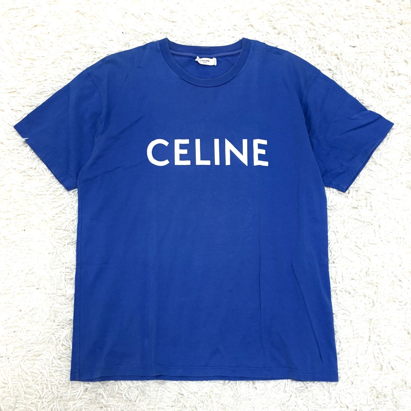 セリーヌ CELINE フロントロゴ Tシャツ 半袖 カットソー トップス Sサイズ ブルー 青 コットン 綿 ユニセックス ボーナス 夏休み 帰省 お盆 敬老の日 サマーギフト シルバーウィーク ご褒美