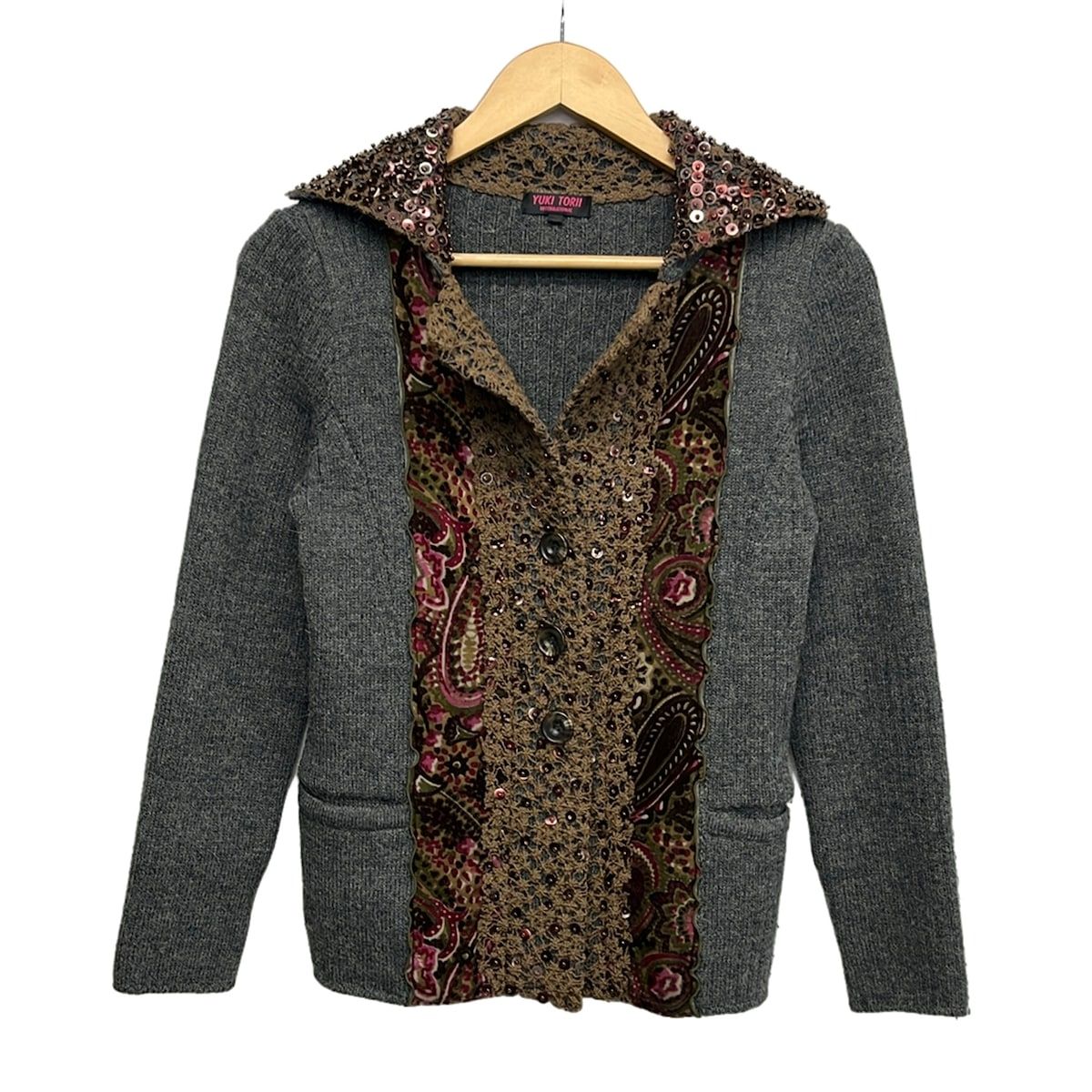 YUKITORII(ユキトリイ) カーディガン サイズ40 M レディース - グレー×ブラウン×マルチ 長袖/スパンコール/ビーズ/レース