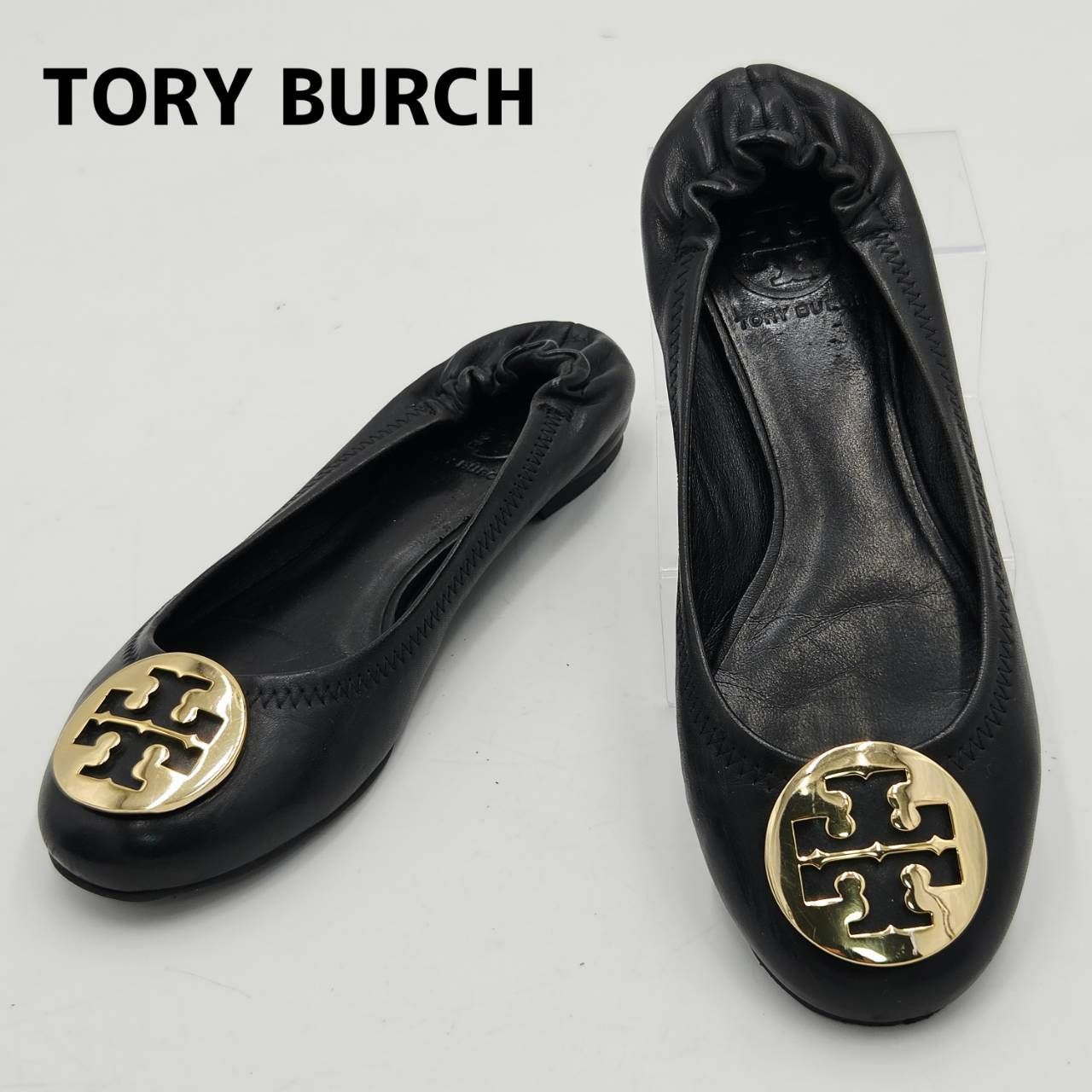 TORY BURCH　トリーバーチ　バレエシューズ　ラウンドトゥ　ダブルTロゴ　メタルロゴプレート　6 1/2　ブラック/黒