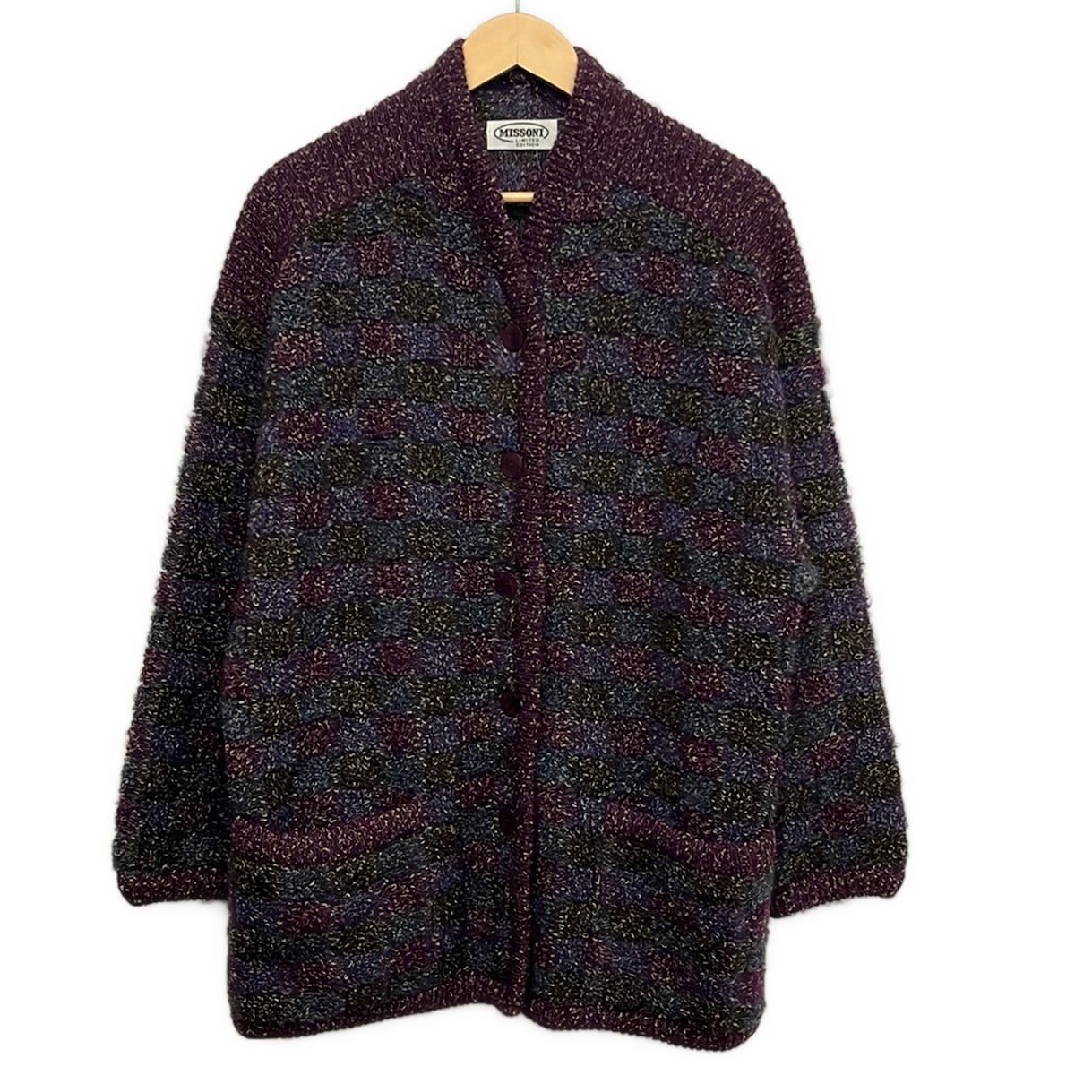 MISSONI(ミッソーニ) カーディガン サイズ42 XS メンズ美品 - パープル×カーキ×マルチ 長袖/チェック柄/LIMITED EDITION
