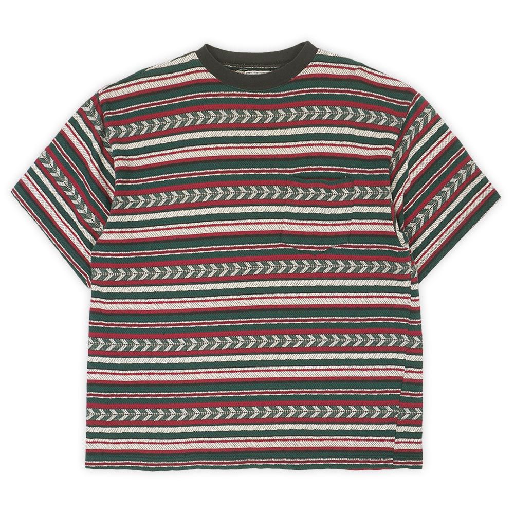 McINTOSH & SEYMOUR 90s 90年代 ジャガードボーダー ポケットTシャツ ジャカード ポケT 珍品 総柄 厚手 アメリカ製 MADE IN USA ヴィンテージ 古着 グリーン系 マルチボーダー柄 XL【中古】
