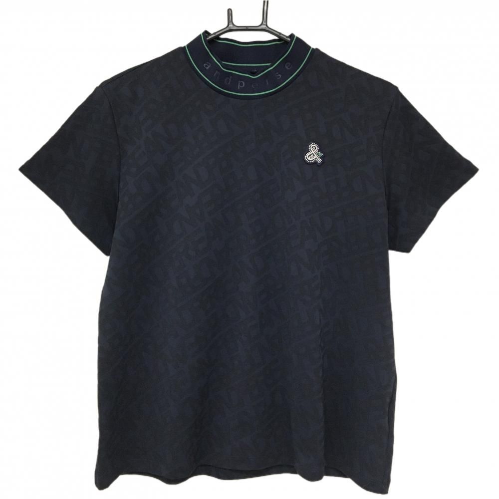 【超美品】アンパスィ 半袖ハイネックシャツ 黒 英字総柄 ロゴワッペン レディース LL ゴルフウェア 2025年モデル and per se
