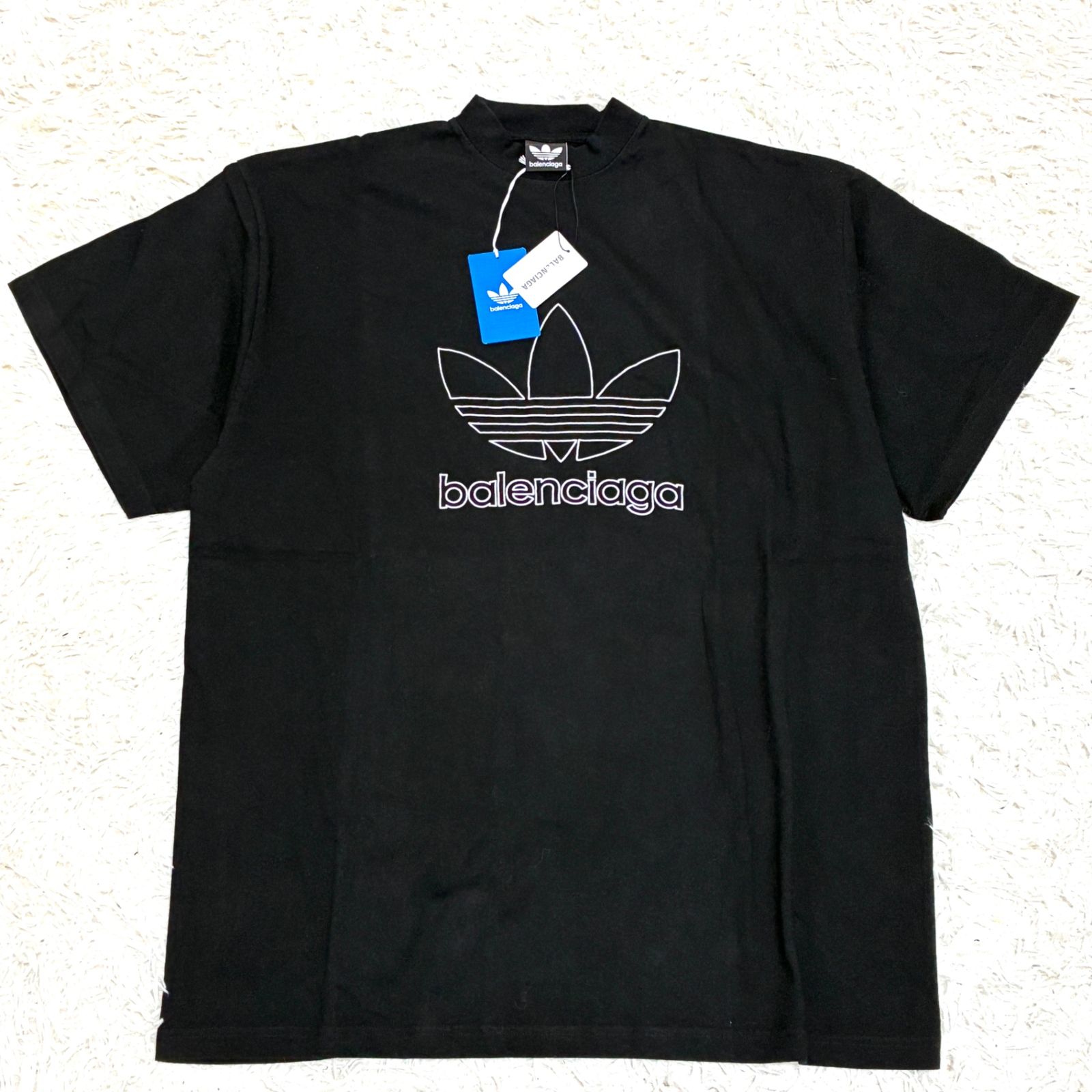 未使用タグ付 バレンシアガ アディダス コラボ Tシャツ 半袖 オーバーサイズ トレフォイル サイズ3 ブラック 黒 ユニセックス ボーナス 夏休み 帰省 お盆 敬老の日 サマーギフト シルバーウィーク ご褒美