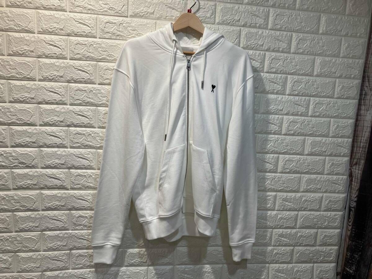 AMI PARIS アミパリス　Alnxander Mattiussi ホワイト コットン AMI DE COEUR フーディループバック フリース Mサイズ