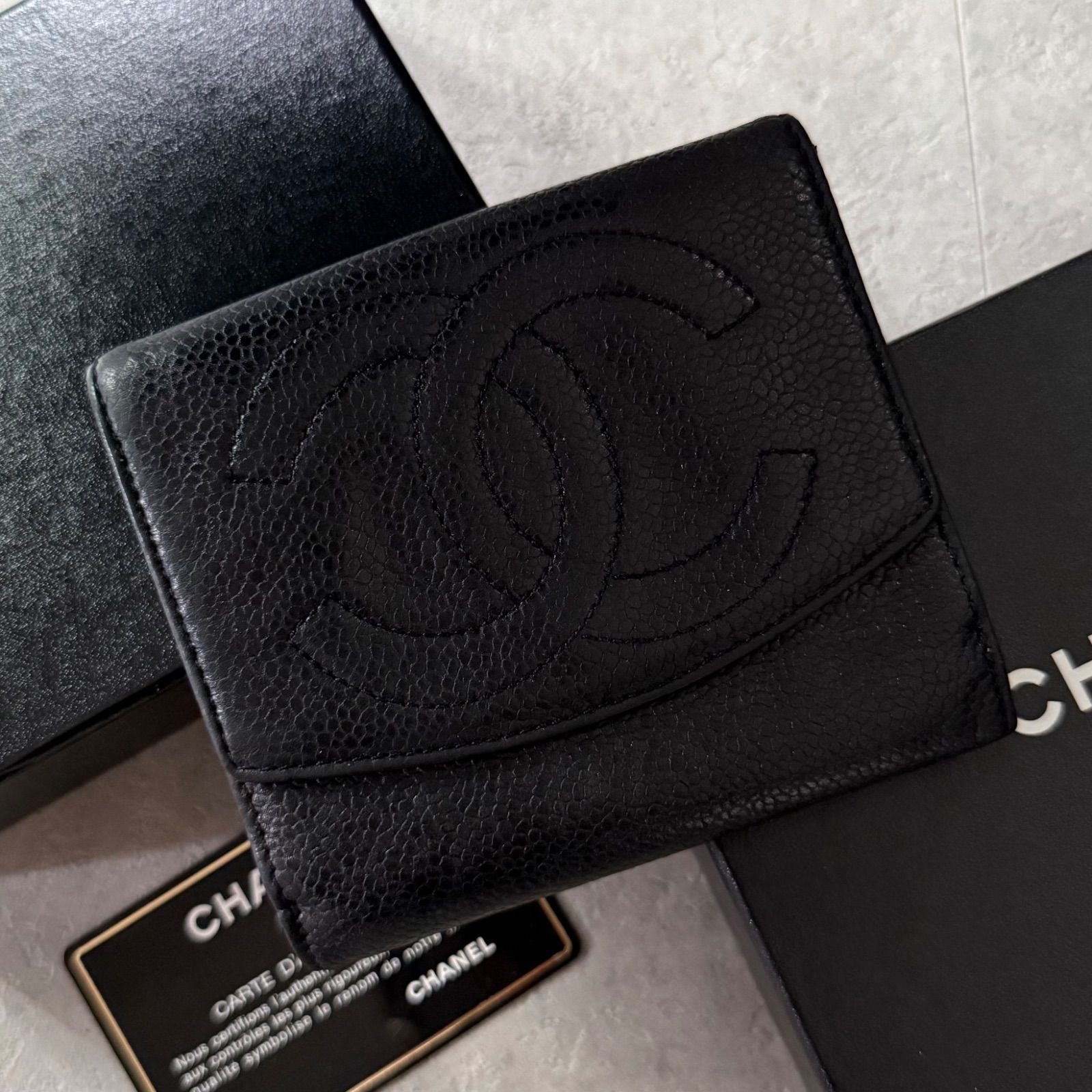 CHANEL シャネル タイムレスCC 二つ折り財布 キャビアスキン ウォレット ココマーク レザー 黒 ブラック wホック