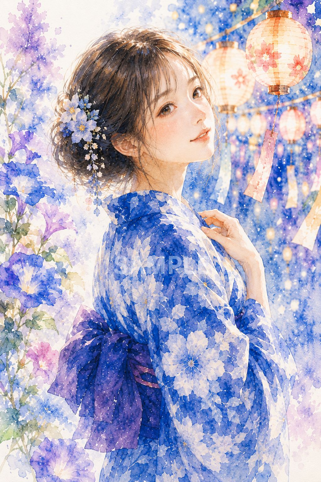 水彩画風イラスト 浴衣美人 高画質アートポスター 夏祭り 和風
