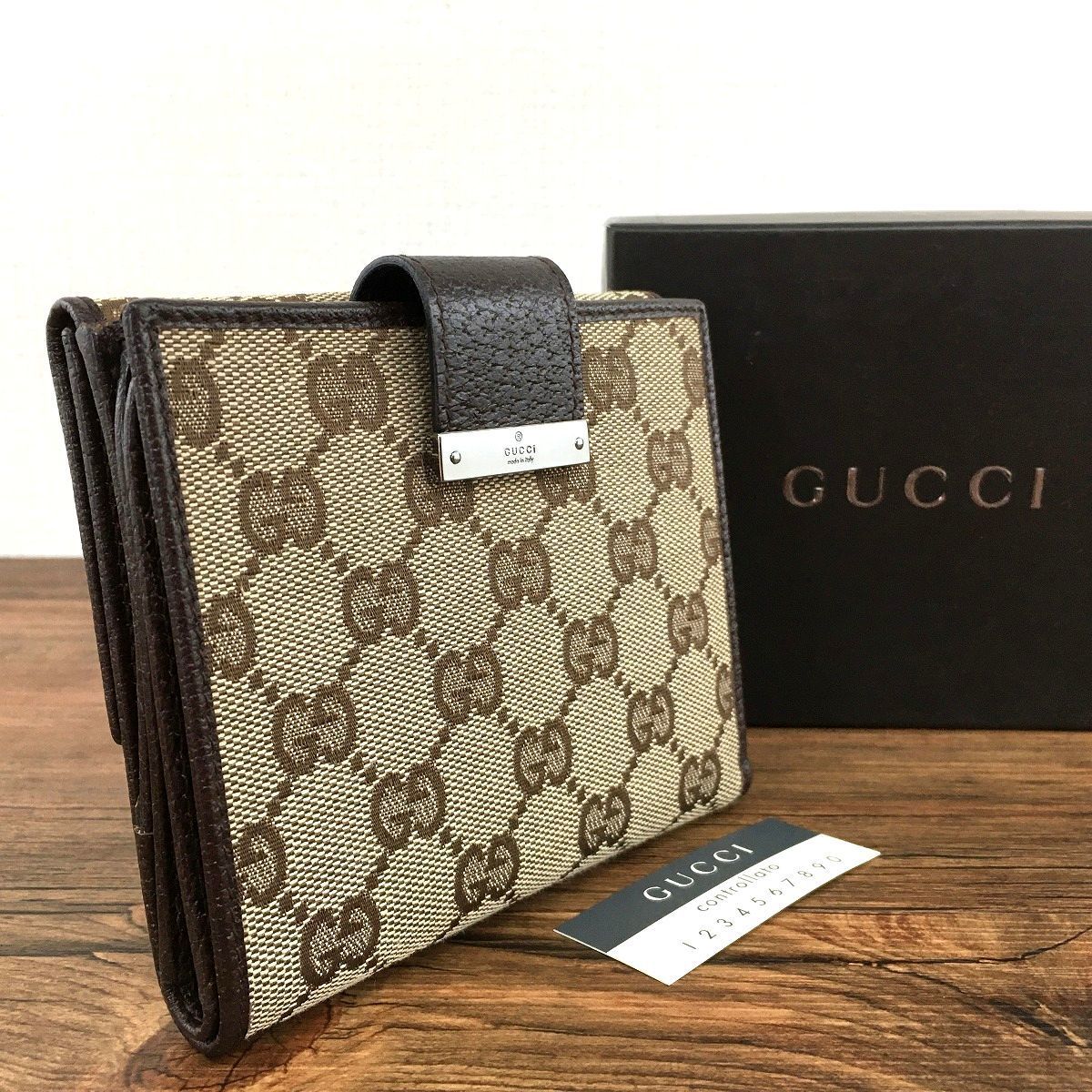 極美品 GUCCI Wホック財布 115094 GGキャンバス ベージュ×ダークブラウン 箱付き 308
