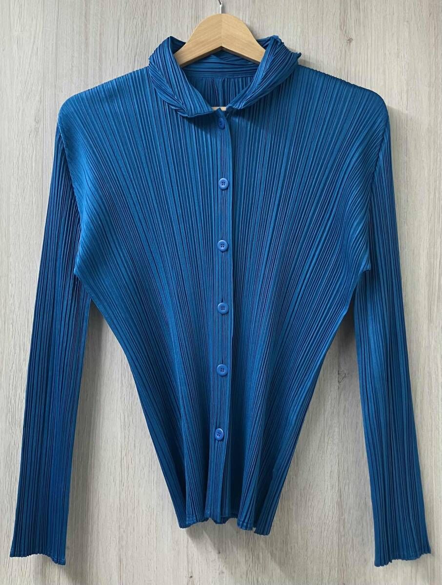 PLEATS PLEASE ISSEY MIYAKE プリーツプリーズ イッセイミヤケ 長袖シャツ 特殊襟 カーディガン PP63-JJ201 ブルー サイズ4(XL相当)