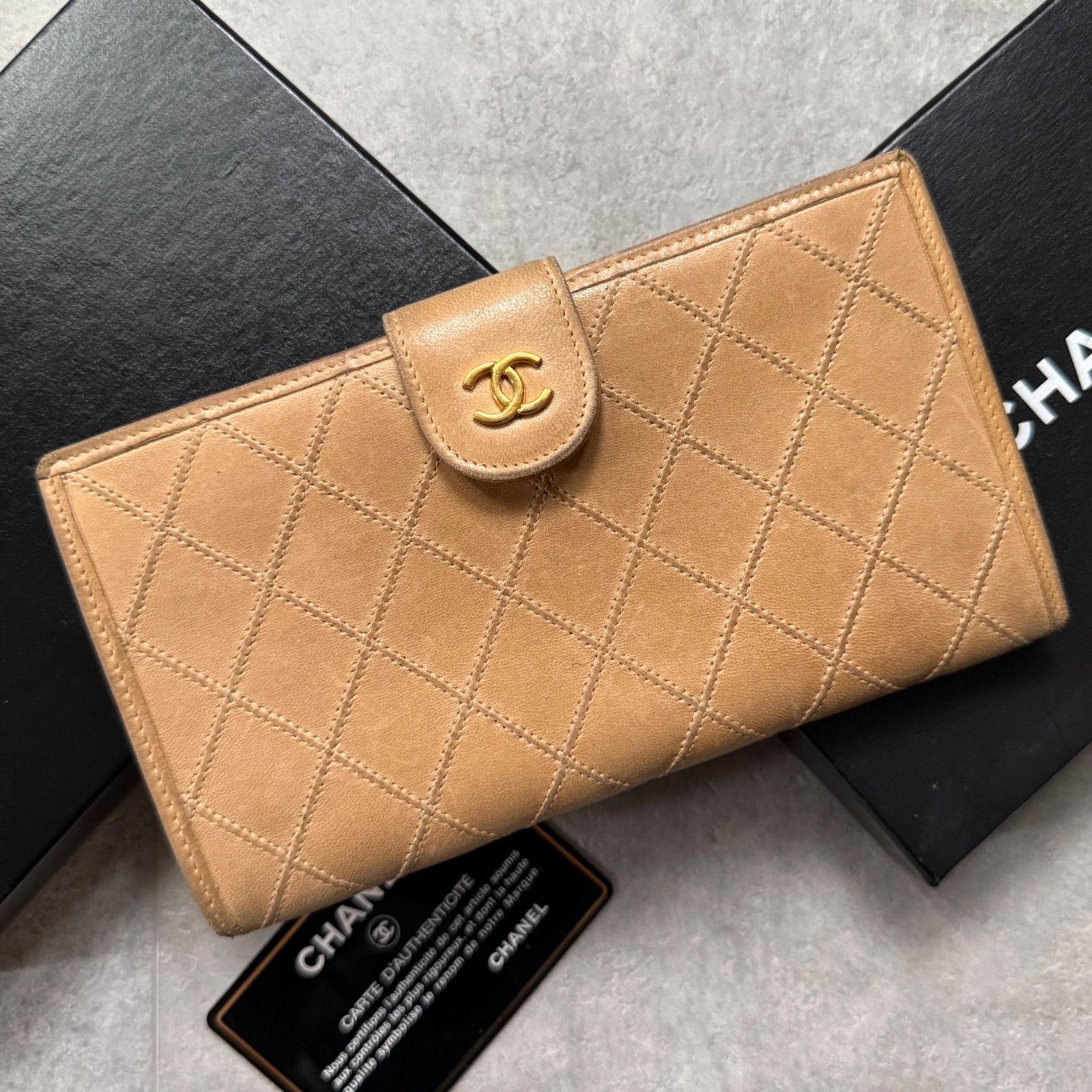 CHANEL シャネル ビコローレ 二つ折り長財布 がま口 レザー ベージュ 