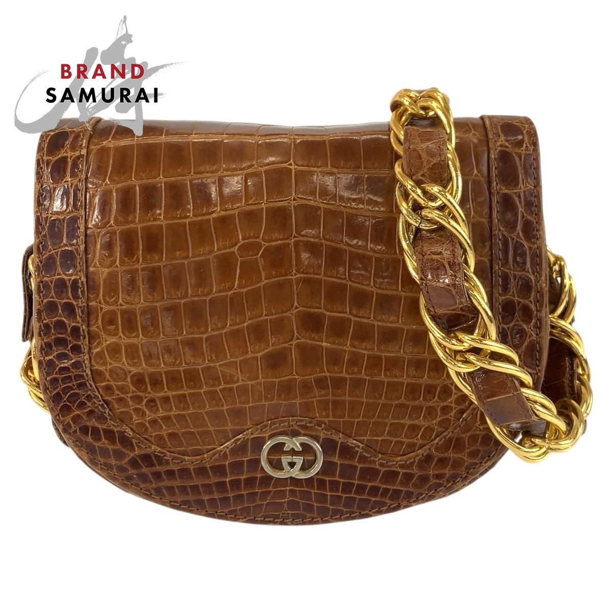 GUCCI グッチ インターロッキング ブラウン ゴールド金具 クロコダイル ショルダーバッグ ポシェット レディース 603003【中古】