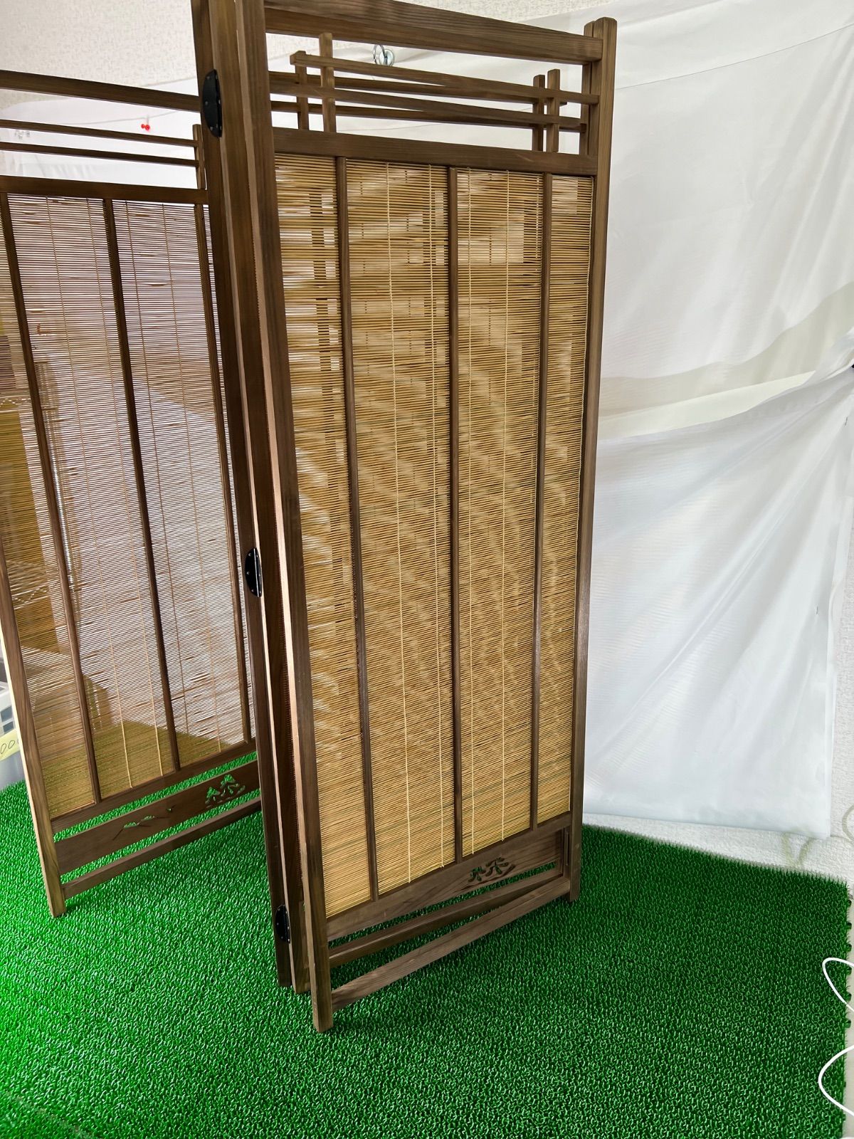 アンティーク 御簾屏風 四曲屏風 4連衝立 すだれ 間仕切り 和家具 古