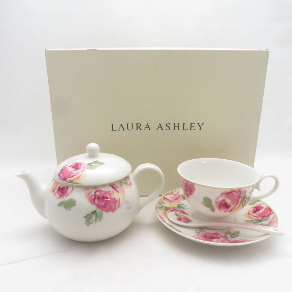 ティーセット バラ ホワイト 5点 ハローキティ × ローラアシュレイ 金彩劣化 未使用 LAURA ASHLEY ローラアシュレイ クチュールローズ ティーポット
