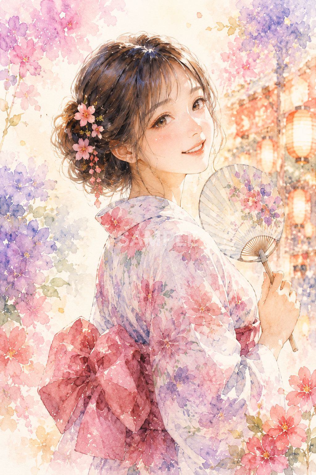 水彩画風 浴衣美人 夏祭り アートポスター 2Lサイズ 和風イラスト