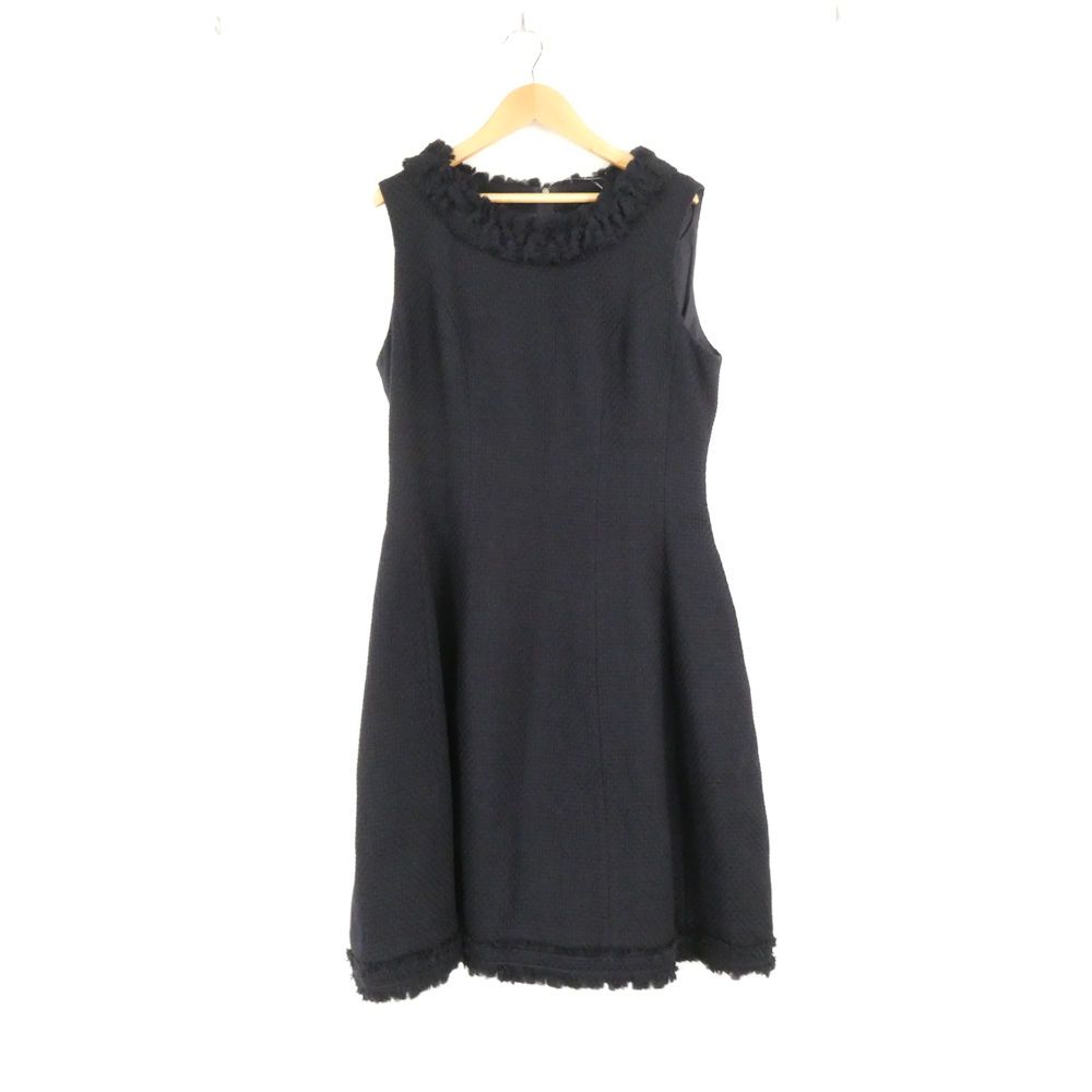 美品 FOXEY フォクシー 28149 ワンピース 42 Lサイズ相当 コットン他 膝下丈 ノースリーブ ツイード フリル レディース AD2133A92