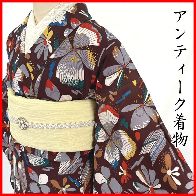 607aa2◇アンティーク着物 花と矢羽根 北欧風ポップ レトロモダン 和洋MIX◇状態良好