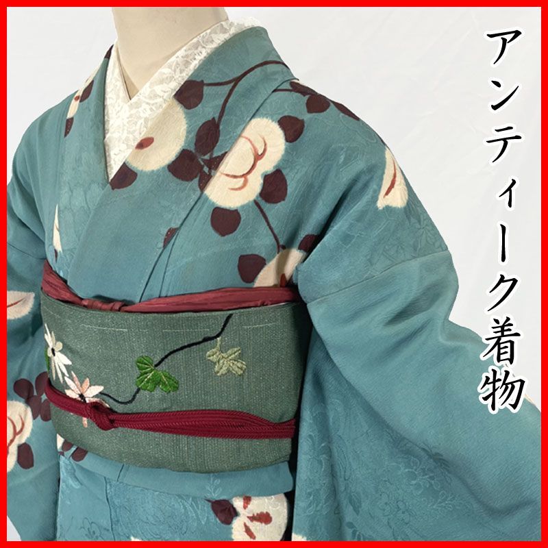 607aa5◇アンティーク着物 橘 地紋 人気の水色系 レトロモダン 大正