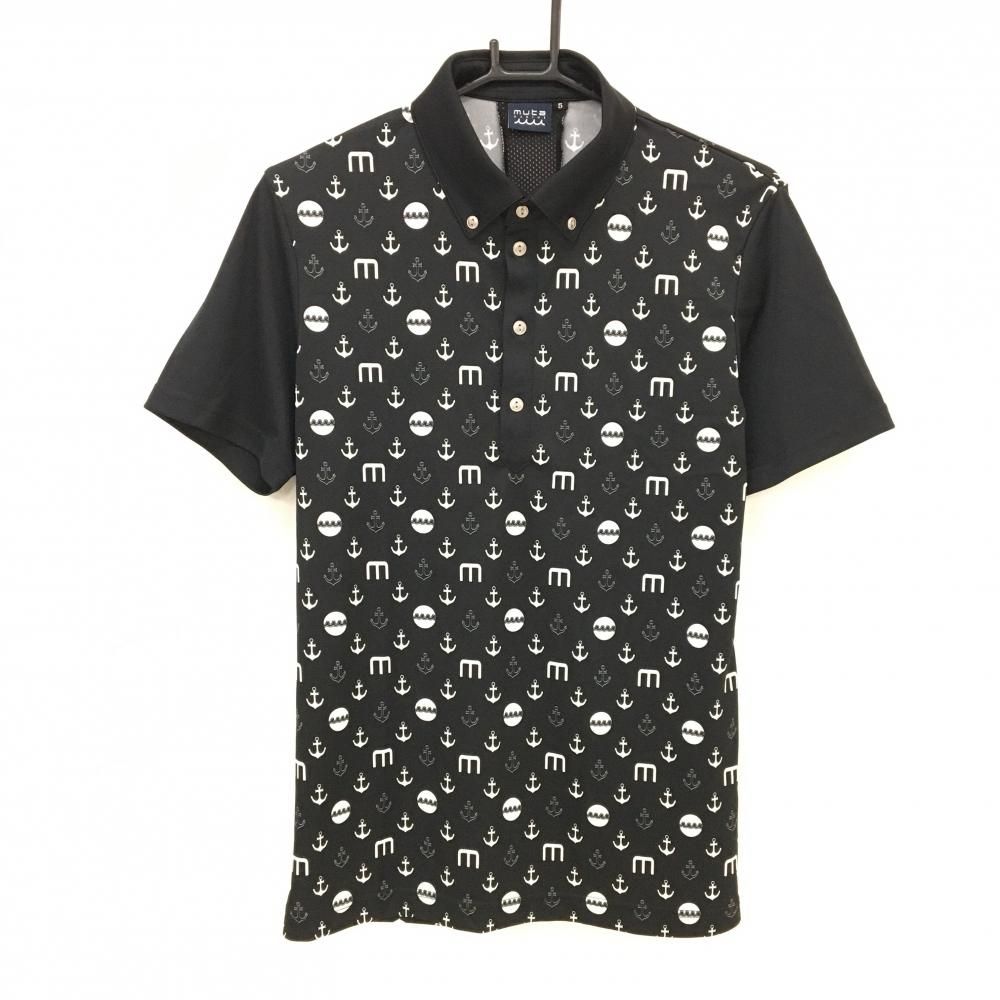 【超美品】ムータマリン 半袖ポロシャツ 黒×白 身頃総柄 イカリ ボタンダウン メンズ 5(M) ゴルフウェア 2024年モデル muta