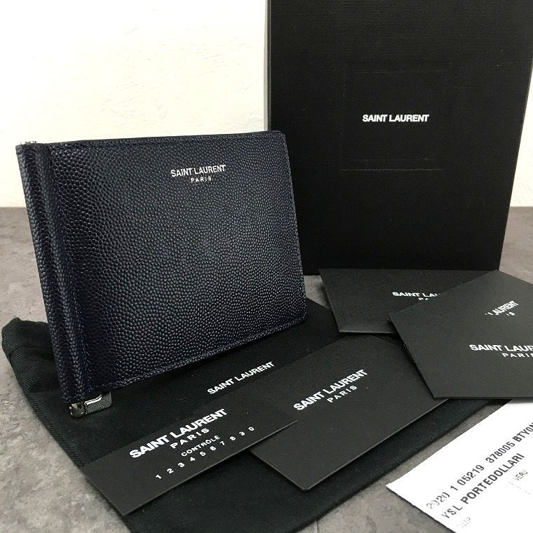 未使用品 Saint Laurent マネークリップ ネイビー  311 未使用品 Saint Laurent マネークリップ ネイビー レザー YSL 箱付き
