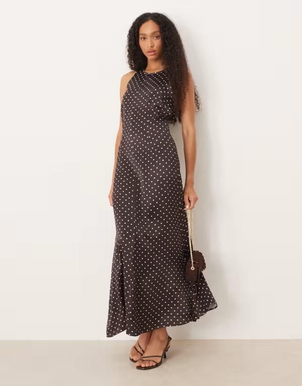 エイソス レディース トップス ワンピース マキシワンピース サテン マキシ ASOS DESIGN racer satin maxi dress in chocolate spot Chocolat