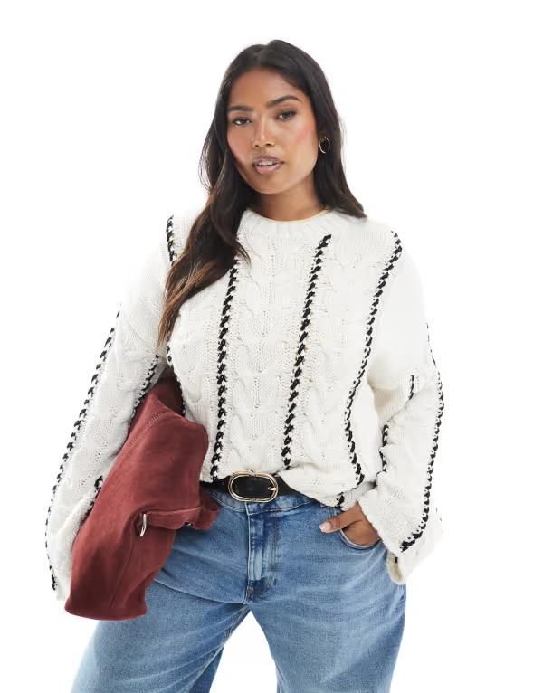 オンリーカーブ レディース アウター ニット・セーター セーター コントラスト ONLY Curve contrast stitch sweater WHITE ホワイト 10,205円