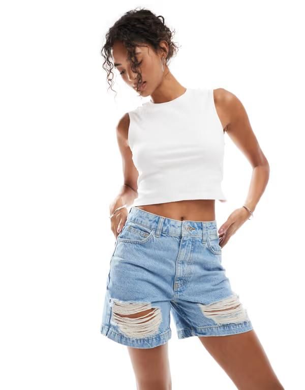 エイソス レディース ボトムス ハーフパンツ・ショーツ ショートパンツ デニム ASOS DESIGN denim dad shorts in light mid wash with rips Lig