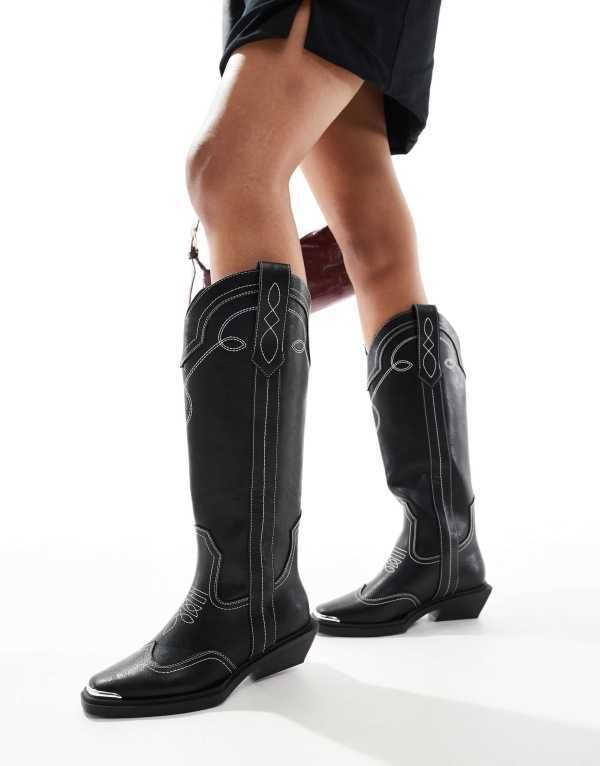 エイソス レディース シューズ ブーツ・レインブーツ ASOS DESIGN Wide Fit Celeste flat western knee boots with stitching BLACK