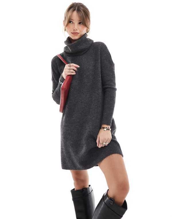 オンリー レディース トップス ワンピース タートルネック セーター ニット ONLY turtle neck knit sweater dress Gray グレー