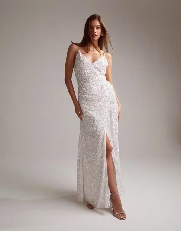 エイソス レディース トップス ワンピース ドレープ マキシ ASOS DESIGN Nia embellished drape side cami maxi wedding dress Ivory