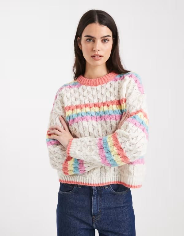 ピーシーズ レディース アウター ニット・セーター Pieces rainbow striped knit sweater WHITE ホワイト