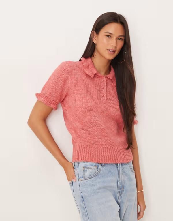 エイソス レディース アウター ニット・セーター ポロシャツ ニット ASOS DESIGN frill detail nipped waist knit polo top pink ピンク