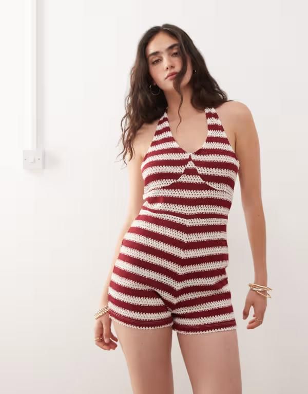 コルージョン レディース トップス ジャンプスーツ ロンパース ホルター COLLUSION stripe halter romper Red stripe レッド