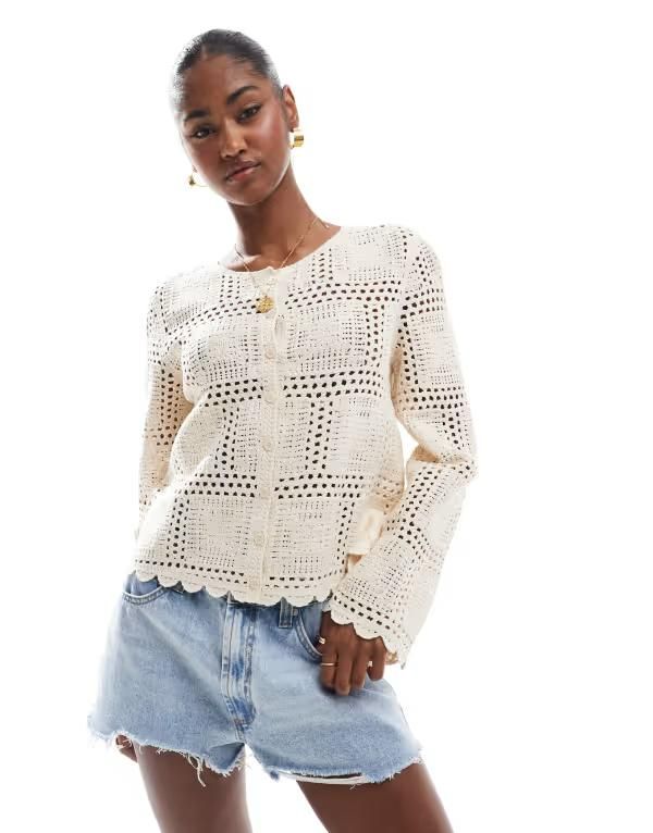 オブジェクト レディース アウター カーディガン Object crochet cardigan in cream Sandshell クリーム