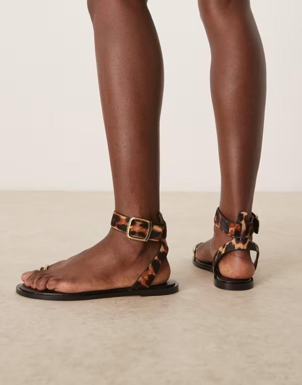 マンゴ レディース シューズ サンダル プリント Mango gold toe ring detail leopard print sandals Black ブラック