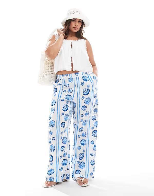 ヴェロモーダ レディース ボトムス カジュアルパンツ ワイドレッグ プリント パンツ Vero Moda Curve wide leg pants seashell print Cloud Dance