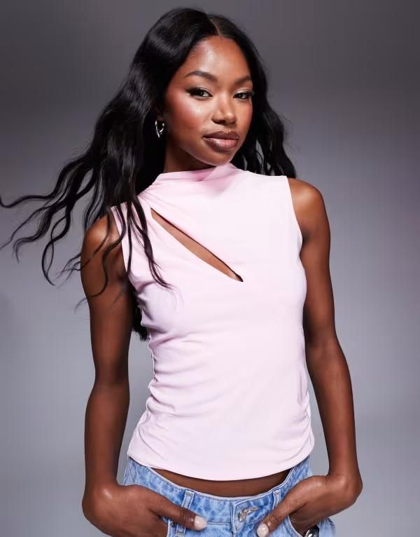エイソス レディース トップス Tシャツ カットアウト ASOS DESIGN slinky slash cut outop in pastel Pink ピンク
