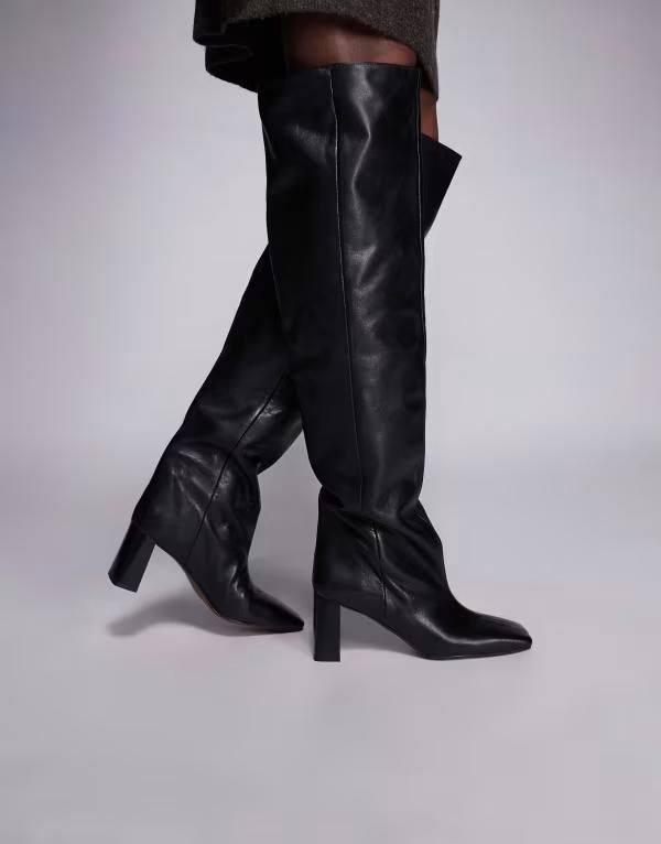 エイソス レディース シューズ ブーツ・レインブーツ レザー ASOS DESIGN Kane square toe slouchy overtheknee boots leather BLACK L