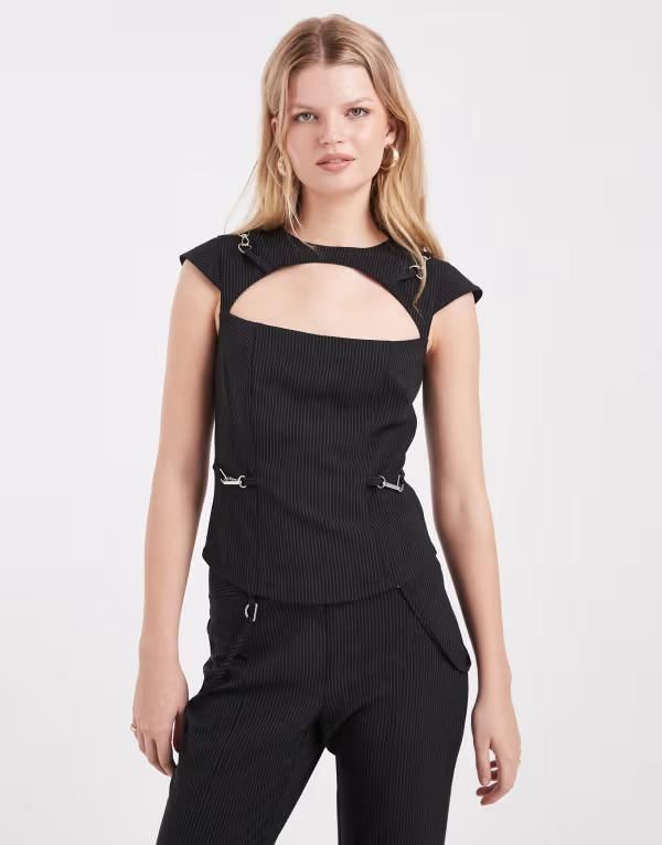 コルージョン レディース トップス ベスト COLLUSION tailored pinstriped buckle top part of a set Black Pinstripe ブラック 7,336円