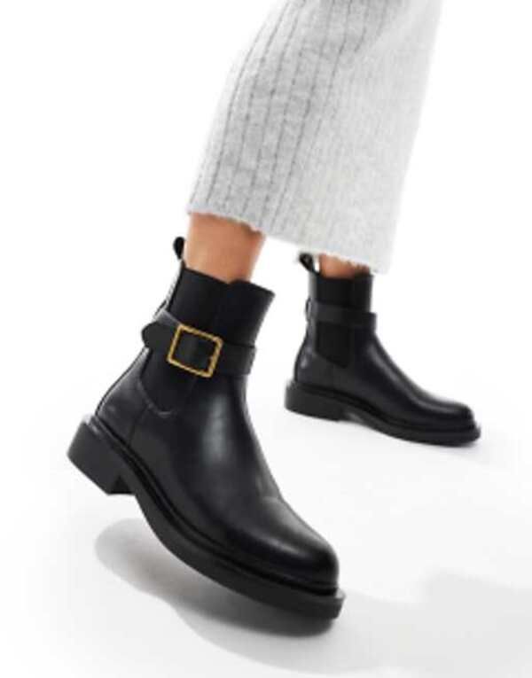 エイソス レディース シューズ ブーツ・レインブーツ ASOS DESIGN Aurora flat boots with buckle strap Black ブラック