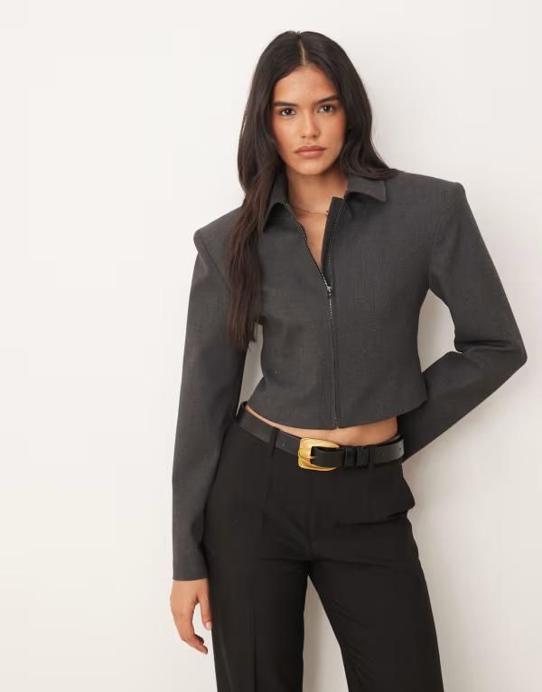 エイソス レディース アウター ジャケット・ブルゾン クロップド ASOS DESIGN tailored cropped cinch zip up jacket in charcoal part o