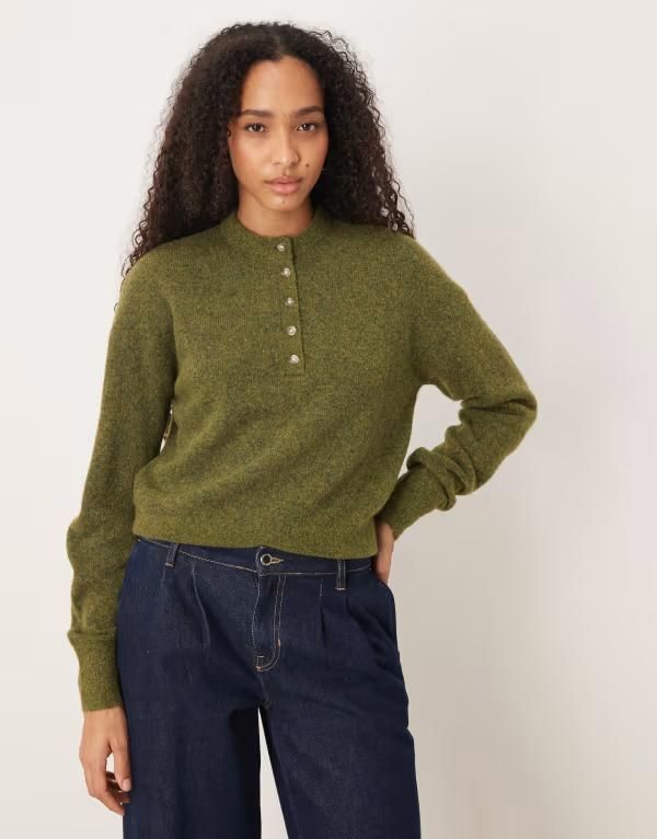 エイソス レディース トップス Tシャツ ウール ニット ASOS DESIGN knit premium wool and alpaca blend henley top in olive オリーブ
