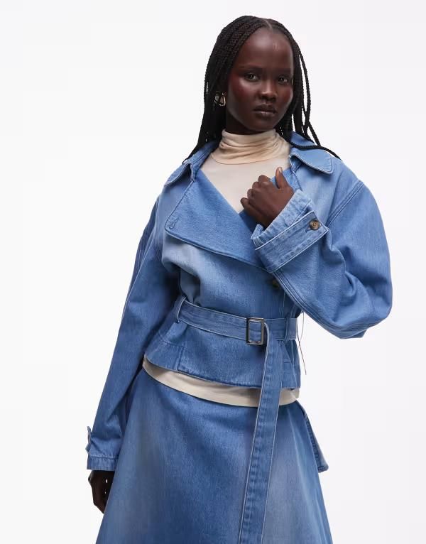 エイソス レディース アウター ジャケット・ブルゾン コート クロップド デニム ASOS DESIGN oversized croppedenim trench coat in mid BLUE ブ